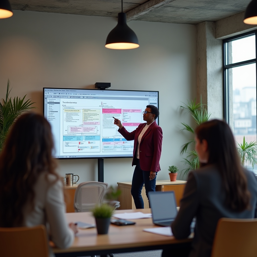 Wide shot of a content moderation workflow diagram displayed on a large monitor in a modern office environment