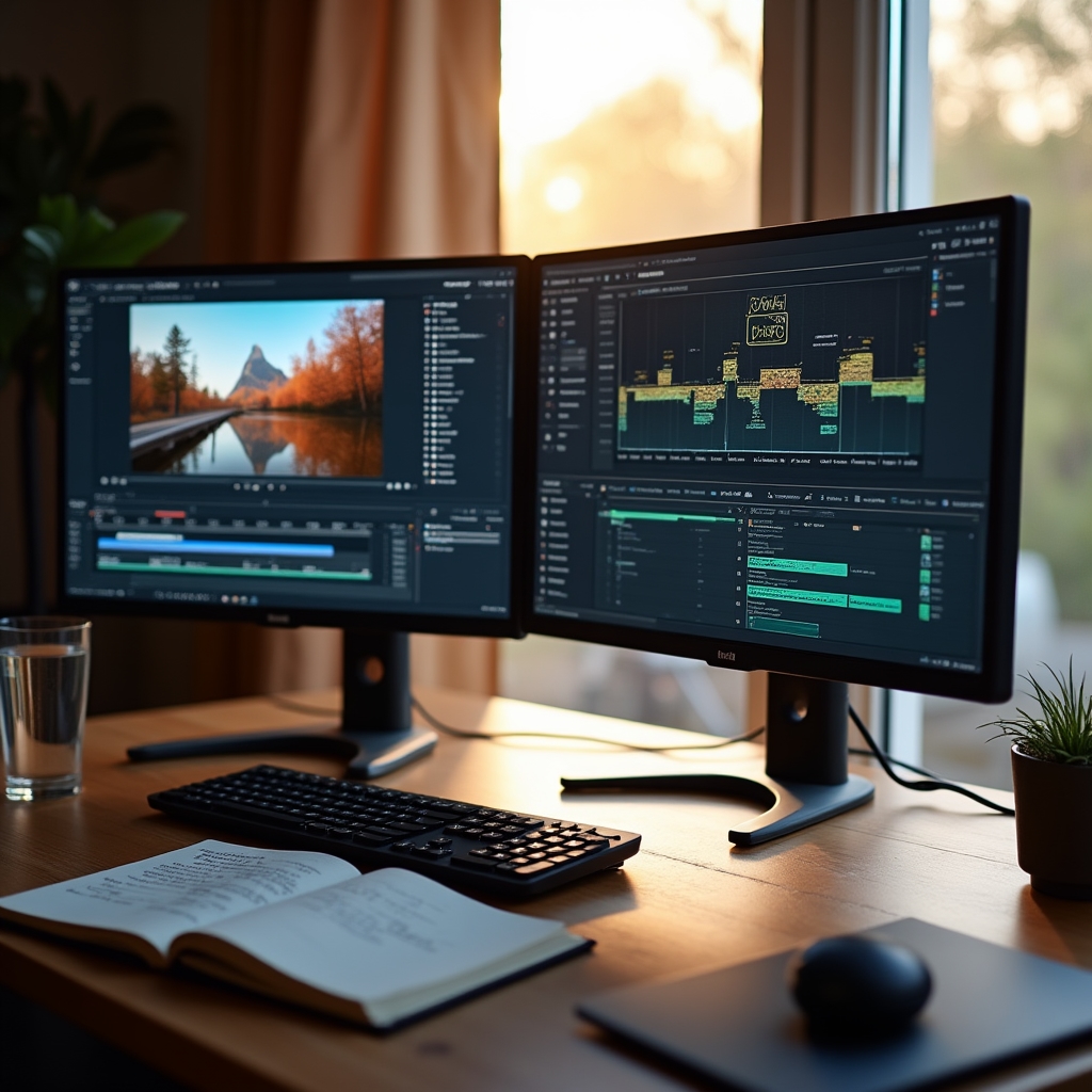 YouTube creator workspace with dual monitors showing analytics dashboard and video editing timeline in a modern studio setting